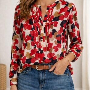 Ellen Tracy Red Heart Print Blouse Womens Size 8 Sheer Long Sleeve Top